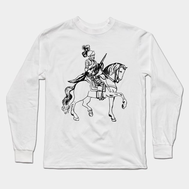Medieval Knight on Horseback Long Sleeve T-Shirt by Vintage Sketches